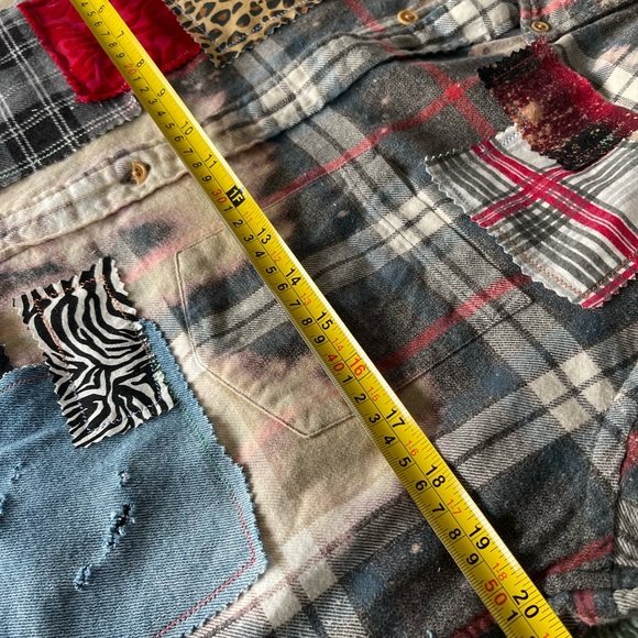 Upcycled Bleached Plaid Flannel with Red Denim Patchwork Animal Prints - Picture 6 of 8